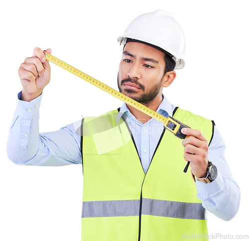 Image of Architect, tape measure or studio man check numbers of building inspection, real estate project or property planning. Construction industrial labor, engineer and male contractor on white background