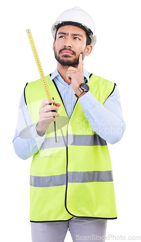 Image of Architect thinking, tape measure or studio man ideas for building inspection, real estate project or property planning. Engineer, problem solving focus or construction contractor on white background