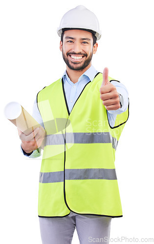 Image of Architect thumbs up, portrait and man smile for blueprint success feedback, real estate design vote or engineer agreement. Construction floor plan, emoji yes icon or studio person on white background