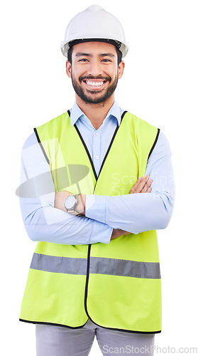 Image of Architect portrait, arms crossed and happy man for building development, real estate or property construction design. Engineer, confidence and studio person for civil engineering on white background