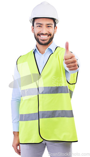 Image of Architect portrait, thumbs up or happy man for development success, real estate vote or construction yes approval. Engineer, emoji like icon or studio person for civil engineering on white background