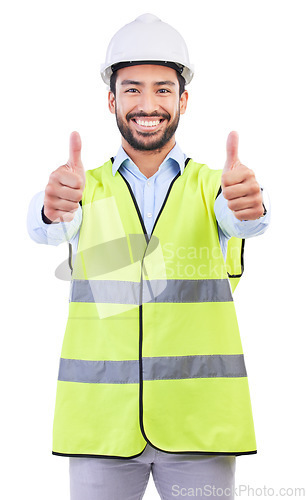 Image of Architect thumbs up, studio portrait and man smile for project success feedback, real estate vote or construction agreement. Architecture review, emoji yes icon or male contractor on white background