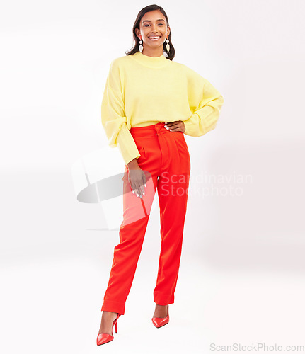 Image of Happy, fashion and portrait of Indian woman in studio with confidence, happiness and pride. Professional, business and excited female person in trendy clothes, style and stylish on white background