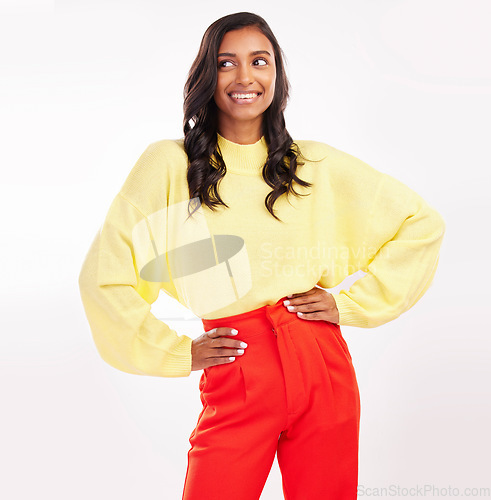 Image of Thinking, fashion and Indian woman with smile in studio with confidence, happiness and pride. Professional, business and female person with idea in trendy clothes, style or outfit on white background