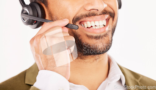 Image of Call center, happy man or mouth of consultant, customer service and CRM microphone in studio. Closeup face of salesman, agent and telemarketing advisory, contact or FAQ questions on white background