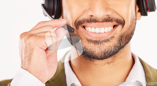 Image of Call center, man and mouth in studio with microphone for customer service, advisory or contact on white background. Closeup face of CRM salesman, IT support and telecom of FAQ telemarketing questions