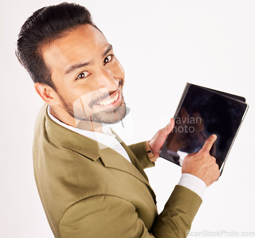 Image of Face of man, portrait and screen of tablet in studio, white background and mockup data information from above. Happy asian trader with digital technology, space and sign up to stock market newsletter