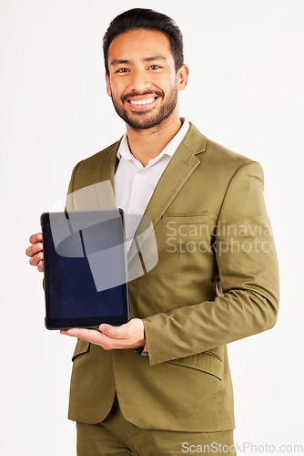 Image of Business man, portrait or tablet mockup on screen in studio for presentation of information on white background. Happy asian corporate worker show space on digital technology to sign up to newsletter