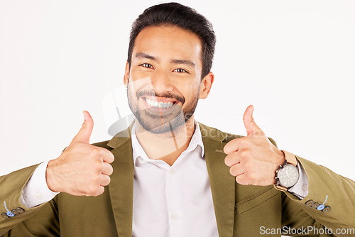 Image of Thumbs up, portrait and asian man in business for success in studio, white background and winning news. Happy worker, ok emoji and like sign for feedback, review or vote yes in agreement of support