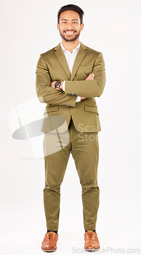 Image of Corporate, fashion and portrait of man with crossed arms in studio with confidence, ambition and pride. Professional, business and male person in formal clothes, style and suit on white background