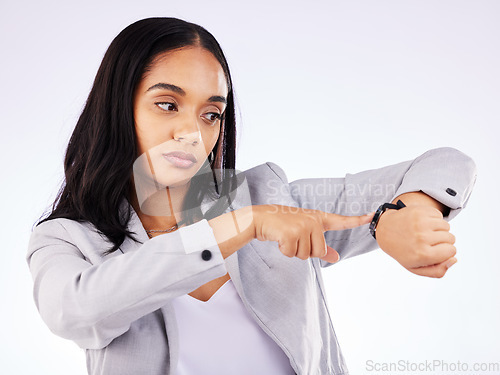 Image of Time, rush and business woman with watch annoyed at late person isolated in a white studio background and angry. Planner, appointment and frustrated employee checking schedule for a problem planning