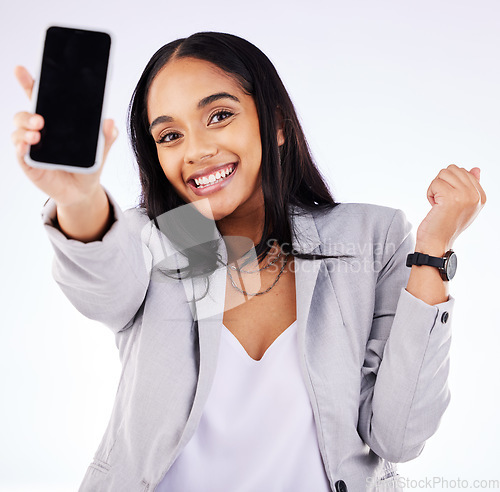 Image of Phone, screen and portrait of happy woman in studio with news, discount or sale promotion on white background. Smartphone, mockup and face of excited female with coming soon, sign up or contact info