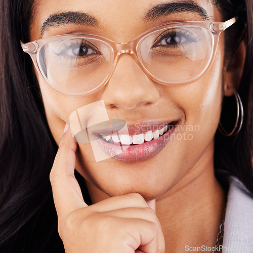 Image of Glasses, smile and professional with woman in portrait with vision or entrepreneur in closeup. Happy, face and female person with eye care or confidence for positive mindset in corporate company.