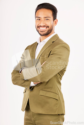 Image of Professional, fashion and portrait of man with crossed arms in studio with confidence, happiness and pride. Happy, business and male person smile in formal clothes, style and suit on white background