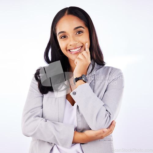 Image of Business woman, thinking and portrait with smile in studio with planning and decision. Female person, professional and ideas for work and career with strategy and choice feeling happy from wondering