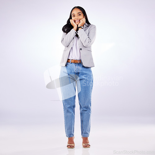 Image of Excited, portrait and woman in studio with gossip, news or self love promo on grey background. Wow, deal and surprised female customer with secret, coming soon or sign up, giveaway or announcement