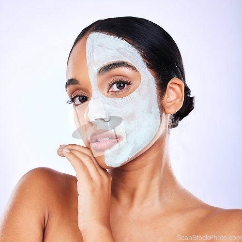 Image of Face mask, portrait and woman in studio with skincare, result or dermatology wellness on grey background. Facial, comparison and female with half beauty, routine and clay product for skin exfoliation