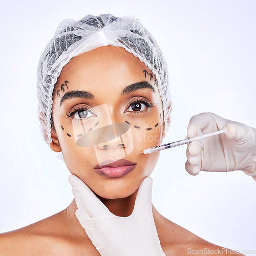 Image of Plastic surgery, skincare and injection with portrait of woman in studio for lip filler, beauty and collagen. Spa treatment, medical and cosmetics with face of person on white background for facial