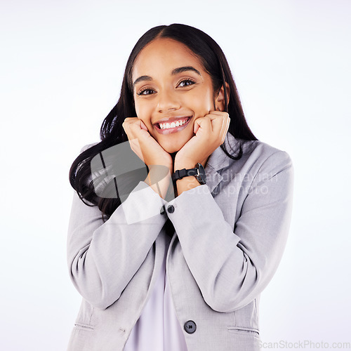 Image of Happy, beautiful and portrait of a woman for work, business or a corporate career on a studio background. Smile, professional and a young girl or employee with confidence for a job on a backdrop