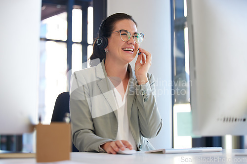 Image of Call center, consulting and smile with business woman in office for communication, advice and customer service. Help desk, sales and contact us with employee for technical support and telemarketing