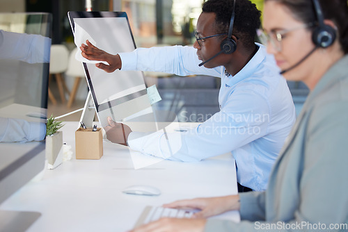 Image of Call center, computer and employee cleaning screen ready for customer service in office to prepare for work. Mockup, hygiene and black man consultant wipe equipment as maintenance for telemarketing