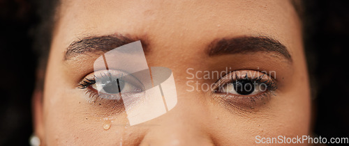 Image of Woman, crying and portrait with tears in eyes from depression, mental health problem or anxiety for crisis in life. Sad, face and closep on person with grief, pain or depressed with emotions