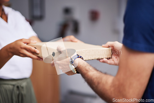 Image of Hands, pizza box and delivery service for food, commerce and courier with remote customer experience at house. Man, woman and package for lunch, e commerce and shipping with supply chain employee