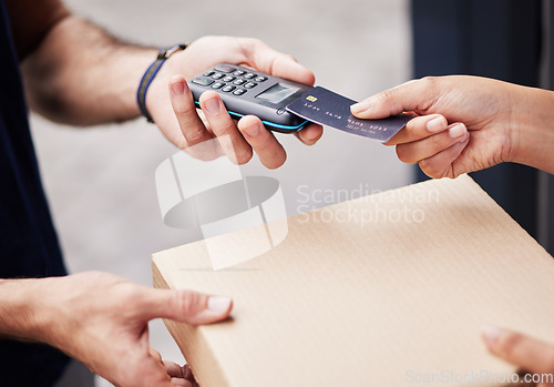 Image of Hands, pizza and credit card for payment, delivery and fast food service on fintech, pos and courier in street. People, tap and transaction with package for lunch, box and shipping and supply chain