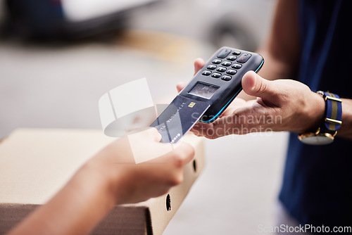 Image of Hands, pizza and credit card for payment, machine and fast food service on fintech, pos and courier in street. People, tap and transaction with package for lunch, box and supply chain for eating