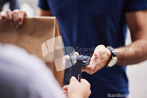 Image of Hands, paper bag and delivery with credit card, payment and fintech for remote customer experience. Man, woman and package for lunch, e commerce and fast food shipping with supply chain employee