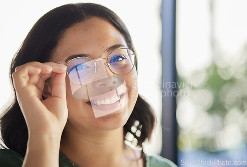 Image of Woman, glasses and portrait with eyes, optometry and health with smile, choice and fashion in store. Girl, frame and lens for wellness, vision and shop for eyesight, decision and customer experience