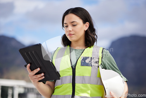 Image of Thinking, engineering and woman with a tablet, outdoor and planning with renewable energy, safety and connection. Female person, architect and employee with technology, maintenance and inspection