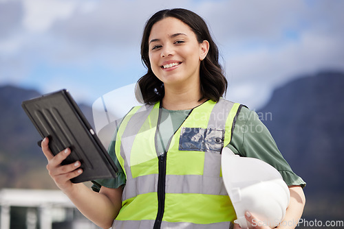 Image of Portrait, engineering and woman with a tablet, outdoor and planning with website information, safety and connection. Female person, architect or employee with technology, online reading or inspection