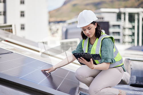 Image of Solar panel, engineering ot woman with a tablet for planning, renewable energy or research. Connection, technology or photovoltaic maintenance with engineer for inspection, employee or sustainability