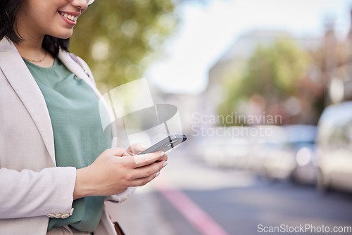 Image of Outdoor, cellphone and business woman with hands for communication on internet in closeup. Professional female, reading and typing with technology in street for information or social media on app.