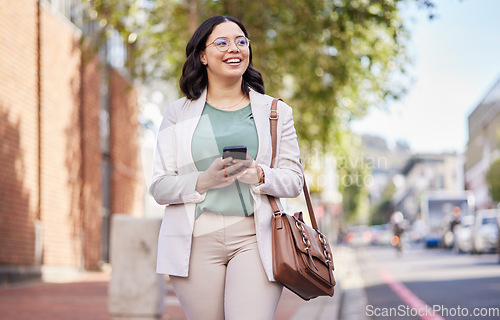 Image of Walking, phone and a woman outdoor in a city with communication, internet connection and app. Happy, professional and business person on urban road with smartphone for chat or social media on travel