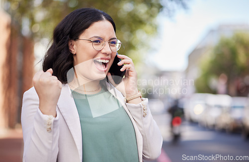 Image of Phone call, excited and businesswoman in celebration in the city while walking in the street. Success, happy and professional female person on mobile conversation for job promotion in urban town.