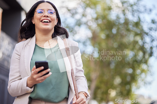 Image of Phone, city and business woman thinking of communication, outdoor networking or social media marketing. Professional person or worker with mobile for career chat, travel and walking in urban park