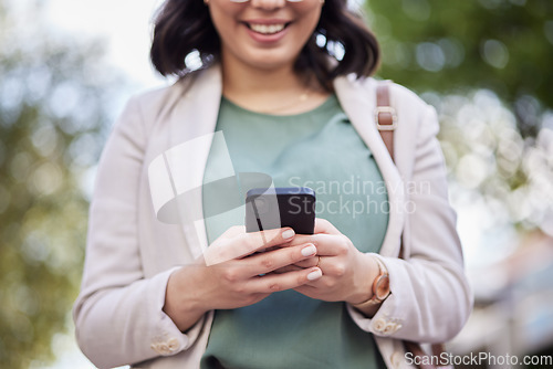 Image of Hands, cellphone and business woman in outdoor for communication on online app or internet. Technology, reading and information for professional female in closeup on social media for networking.