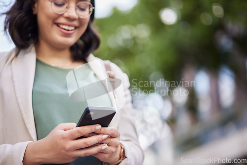 Image of Reading, business woman and cellphone in outdoor for networking with communication on online app. Professional female, technology and typing on social media for information on website for career.