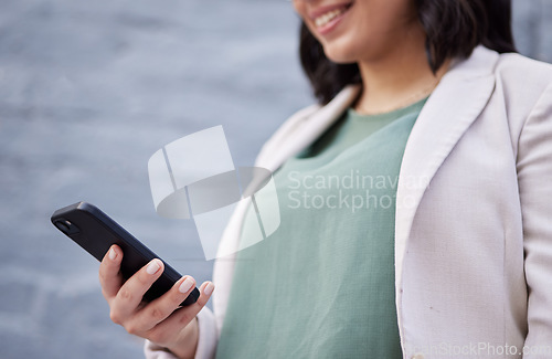 Image of Professional, woman and hand with cellphone in outdoor for work with communication on internet. Technology, typing and business female with online app with information for employee on website.