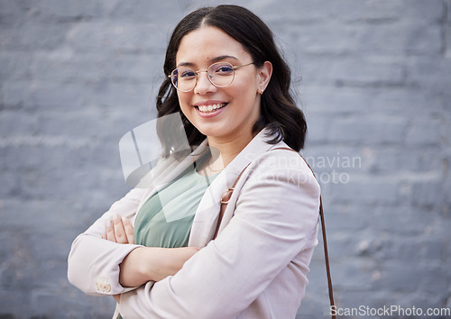Image of Smile, arms crossed and portrait of business woman in city for professional, pride and entrepreneur. Creative, happy and confidence with female employee for career, development and happinesses