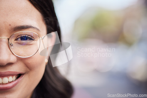 Image of Woman face, outdoor portrait and space for mock up with smile, blurred background and bokeh in street. Business person, happy and closeup with glasses, vision and healthy eyes in city, metro or road