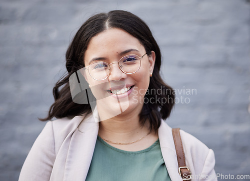 Image of Smile, professional and portrait of business woman in city for empowerment, pride and entrepreneur. Creative, happy and confidence with face of female employee for career, development and happiness