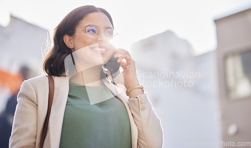 Image of Business, woman and walking with phone call in the city and contact with network connection, communication or conversation. Hello, speaking and happy person outdoor on smartphone in the morning