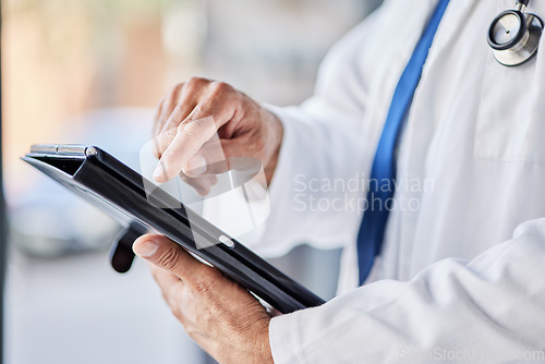 Image of Tablet, doctor hands and person for healthcare information, results and online research or clinic management software. Typing, search and medical worker with digital technology for health services