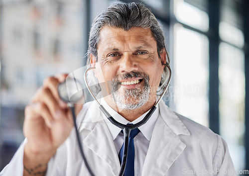 Image of Doctor, portrait and happy man with stethoscope in cardiology, healthcare service and support or check. Heart, patient POV and medical professional or mature person in clinic services or consultation