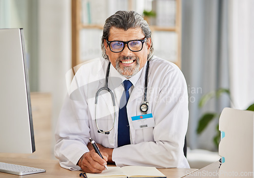 Image of Portrait, man and doctor writing in notebook for healthcare schedule, planning and clinic management in office. Information, ideas and notes of medical worker or senior person at consultation desk