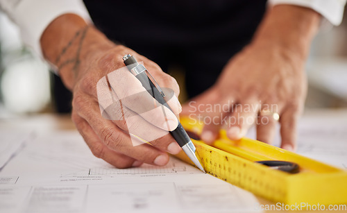 Image of Hands, architecture and ruler for drawing blueprint, paper and engineering of project, building development and illustration. Closeup of man, designer and stationery for lines, sketch and floor plan