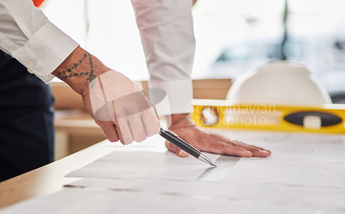 Image of Hands, architecture and pen for drawing blueprint, project illustration or engineering process. Closeup, man or designer at documents, floor plan or paper to sketch renovation of building development